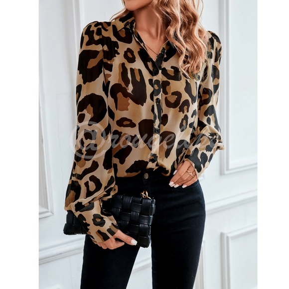 Brown Tan Sheer Button Down Cheetah Leopard Print Blouse Shirt Collared Animal - Picture 4 of 7